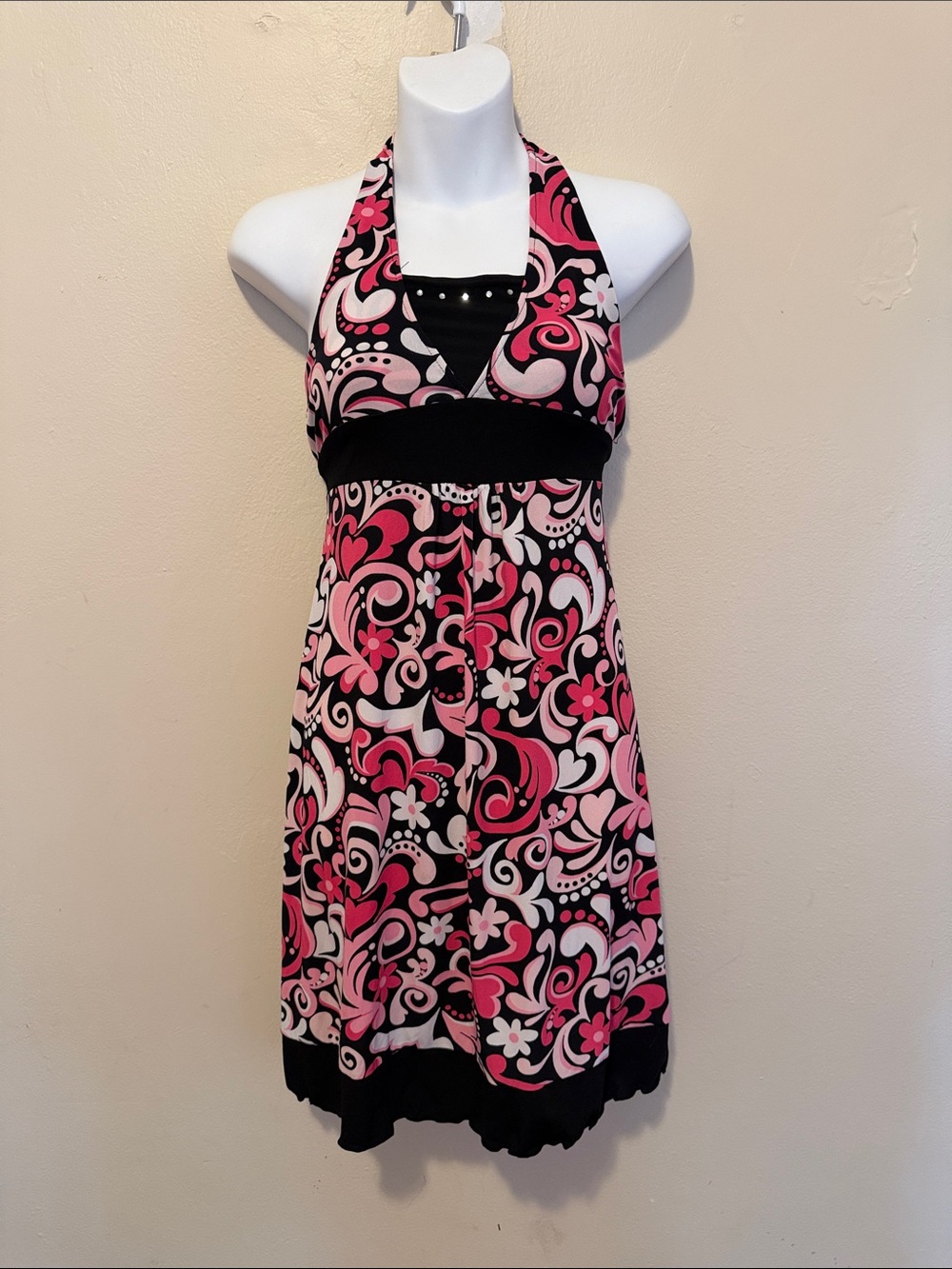 Basic Editions Pink and Black Floral Halter Dress